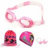 4 in 1 Cartoon Little Crab Waterproof en Anti fog Siliconen zwembril + Bedrukte patroon Zwempet + Nose Clip Oordoppen + Opbergtas zwemuitrusting set voor kinderen (Roze Vis) Badmutsen